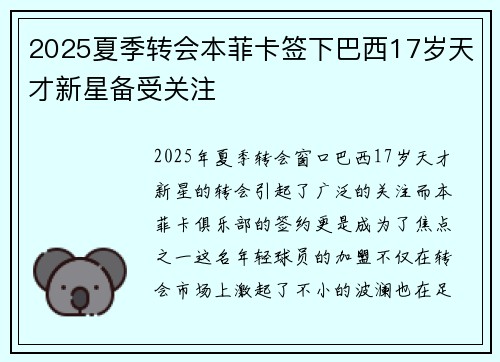 2025夏季转会本菲卡签下巴西17岁天才新星备受关注 2025夏季转会本菲卡签下巴西17岁天才新星备受关注