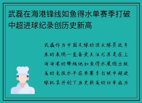 武磊在海港锋线如鱼得水单赛季打破中超进球纪录创历史新高 武磊在海港锋线如鱼得水单赛季打破中超进球纪录创历史新高